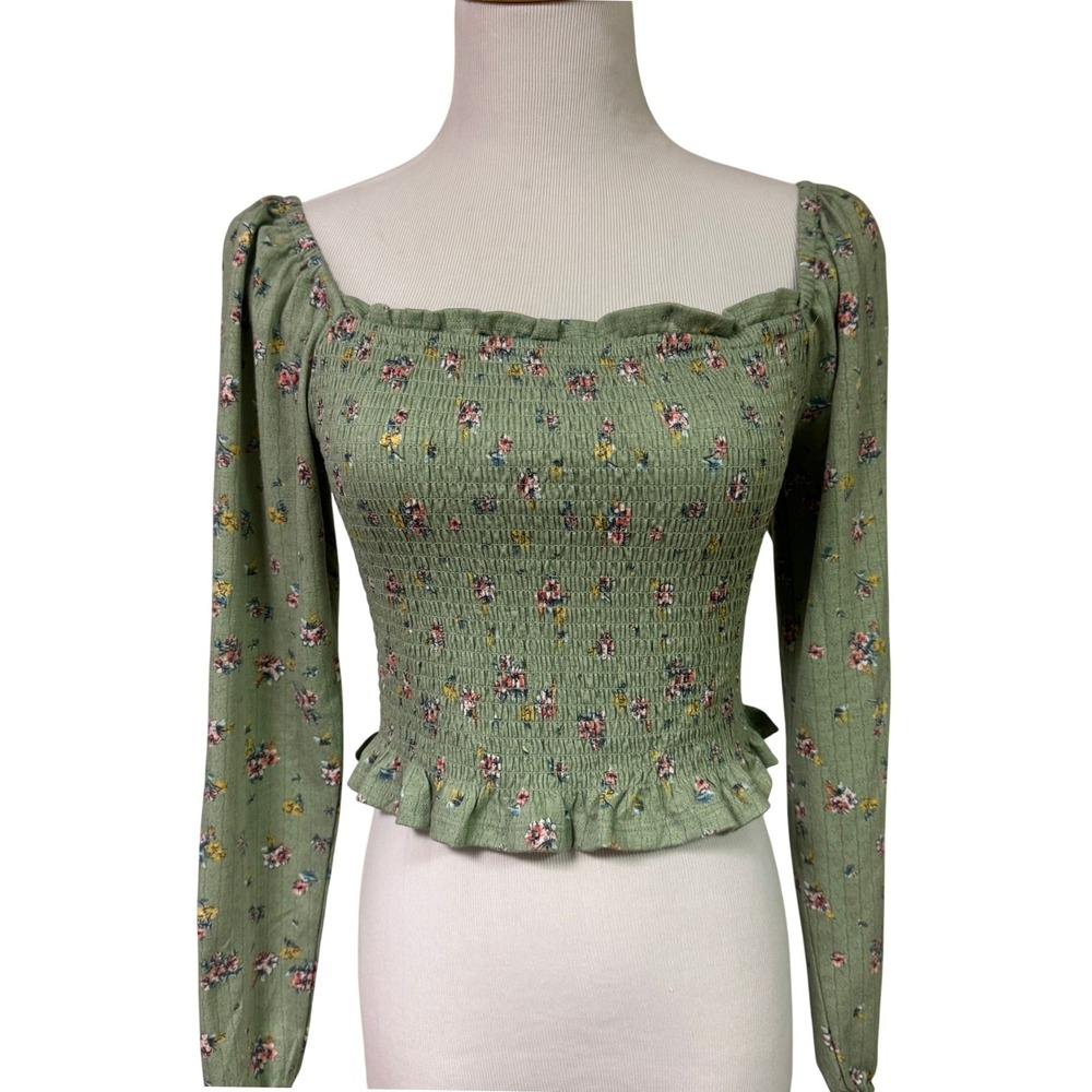 Sage Green Floral Smocked Crop Top Long Sleeve Square Neck Ruffle Hem Medium